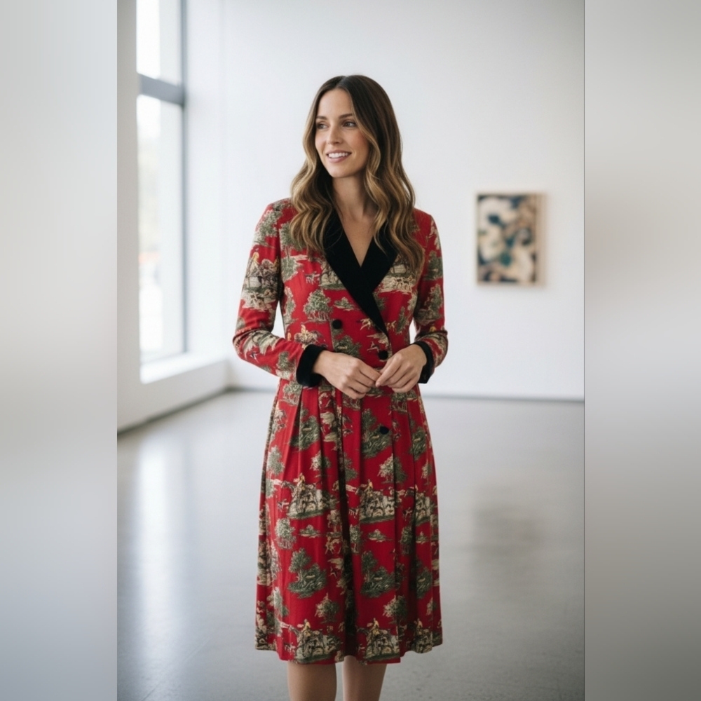 Vintage Petite Lanz Equestrian Red Dress Velvet Trim Horse Pattern Pleated